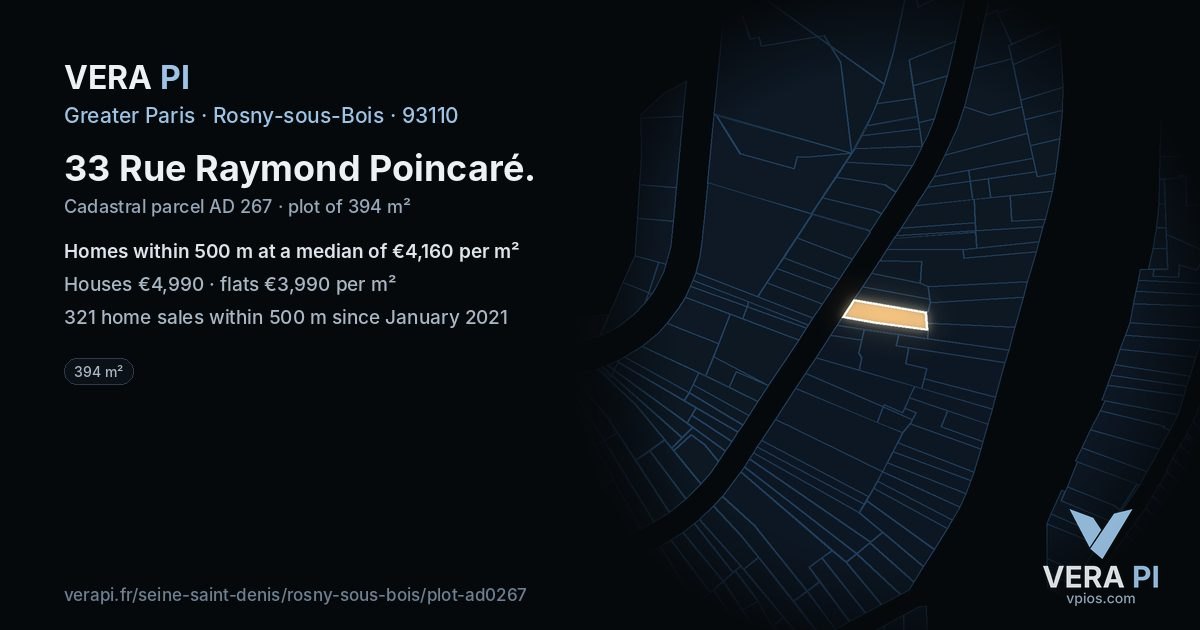 33 Rue Raymond Poincaré, Rosny-sous-Bois at night – the plot lit, the parcels around coloured by the prices near them