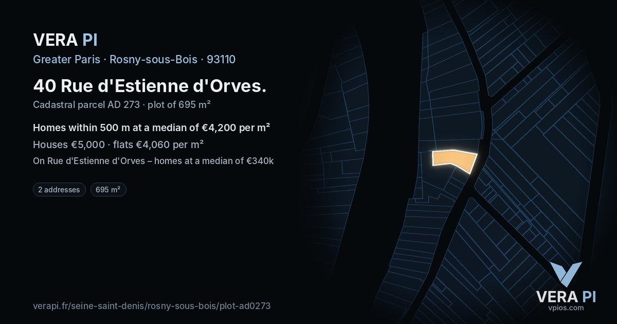 40 Rue d'Estienne d'Orves, Rosny-sous-Bois at night – the plot lit, the parcels around coloured by the prices near them