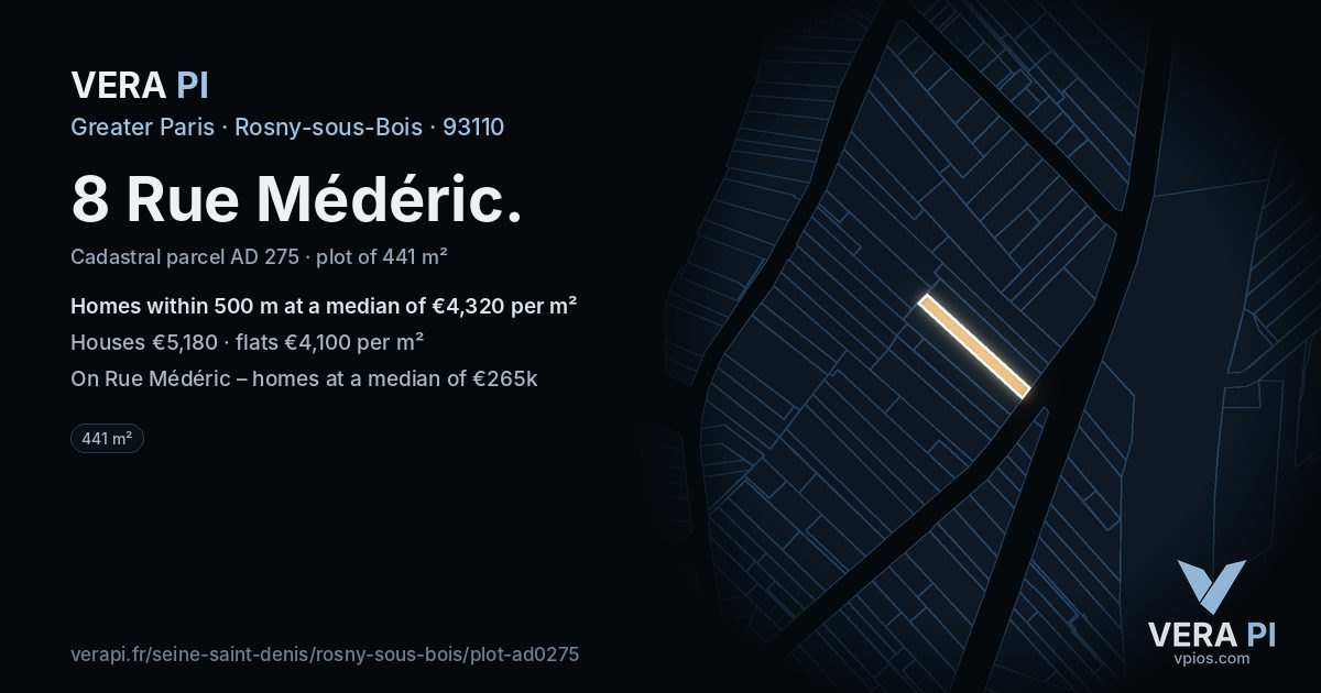 8 Rue Médéric, Rosny-sous-Bois at night – the plot lit, the parcels around coloured by the prices near them