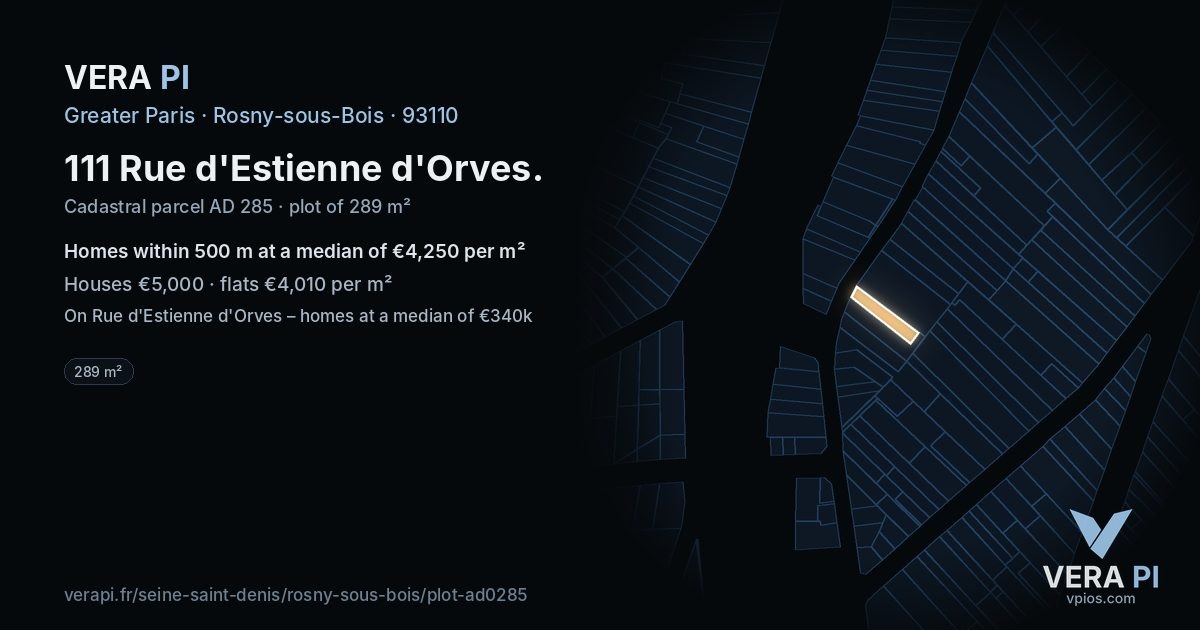 111 Rue d'Estienne d'Orves, Rosny-sous-Bois at night – the plot lit, the parcels around coloured by the prices near them