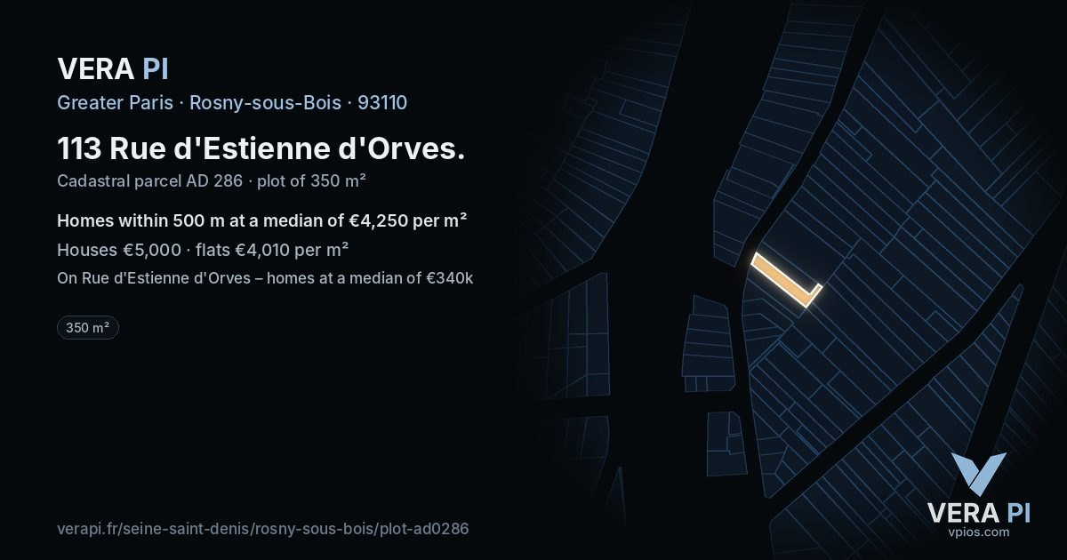 113 Rue d'Estienne d'Orves, Rosny-sous-Bois at night – the plot lit, the parcels around coloured by the prices near them