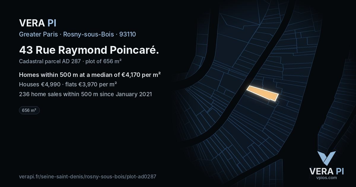 43 Rue Raymond Poincaré, Rosny-sous-Bois at night – the plot lit, the parcels around coloured by the prices near them
