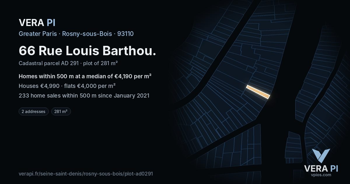 66 Rue Louis Barthou, Rosny-sous-Bois at night – the plot lit, the parcels around coloured by the prices near them