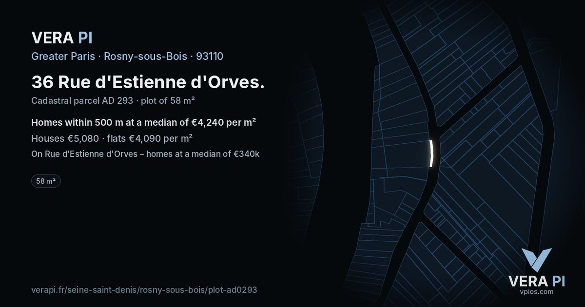 36 Rue d'Estienne d'Orves, Rosny-sous-Bois at night – the plot lit, the parcels around coloured by the prices near them