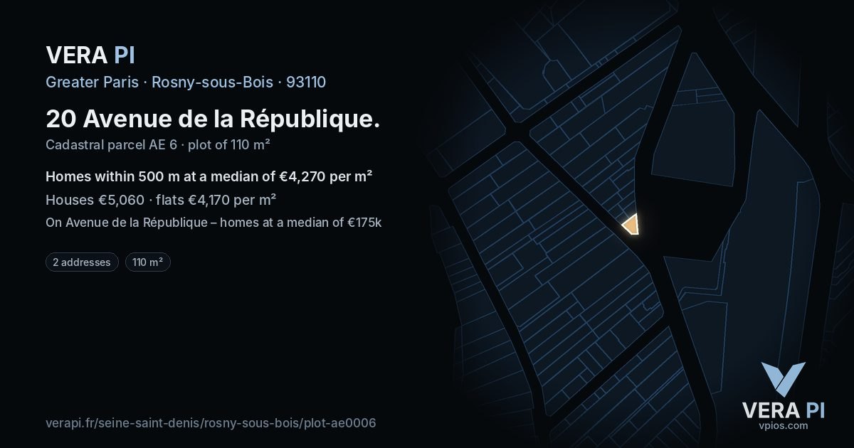 20 Avenue de la République, Rosny-sous-Bois at night – the plot lit, the parcels around coloured by the prices near them