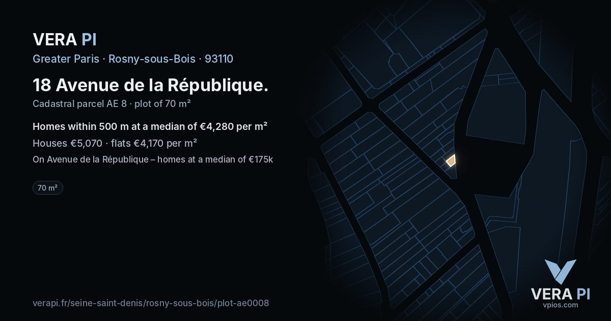18 Avenue de la République, Rosny-sous-Bois at night – the plot lit, the parcels around coloured by the prices near them
