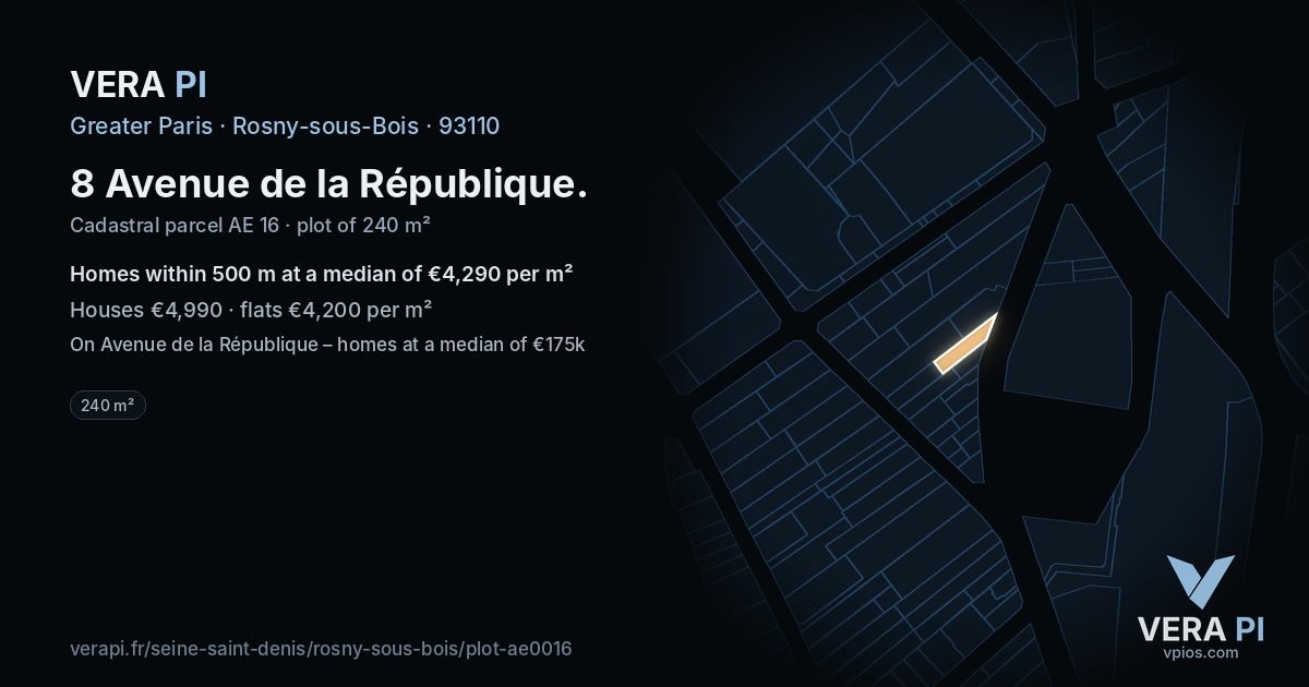 8 Avenue de la République, Rosny-sous-Bois at night – the plot lit, the parcels around coloured by the prices near them