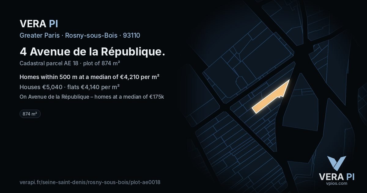 4 Avenue de la République, Rosny-sous-Bois at night – the plot lit, the parcels around coloured by the prices near them