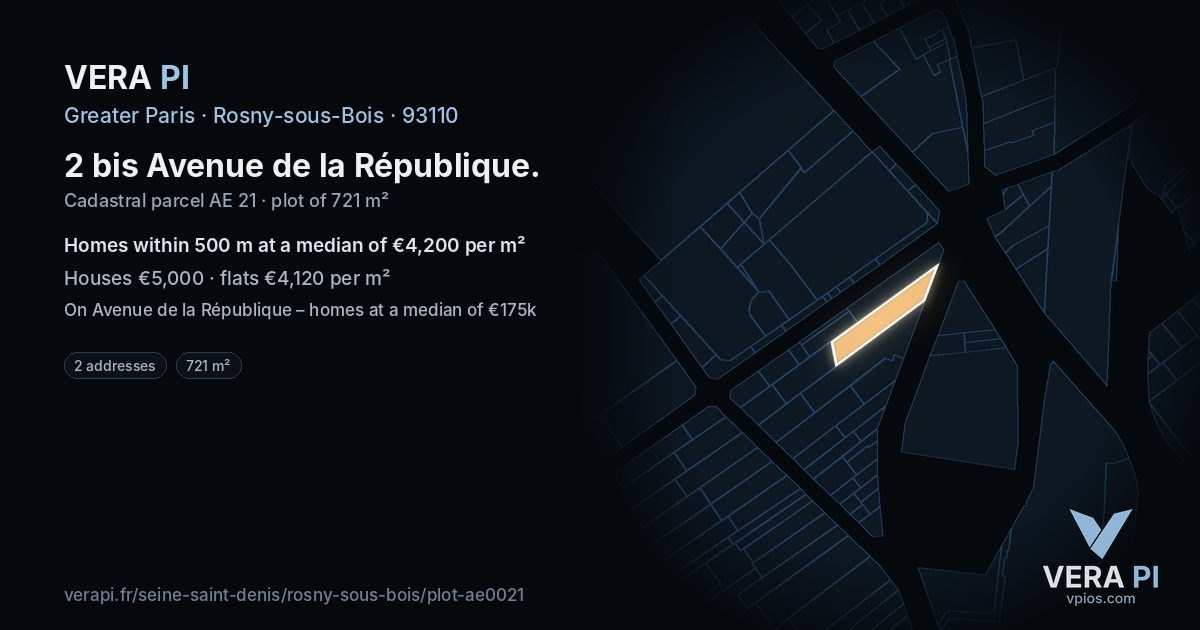 2 bis Avenue de la République, Rosny-sous-Bois at night – the plot lit, the parcels around coloured by the prices near them