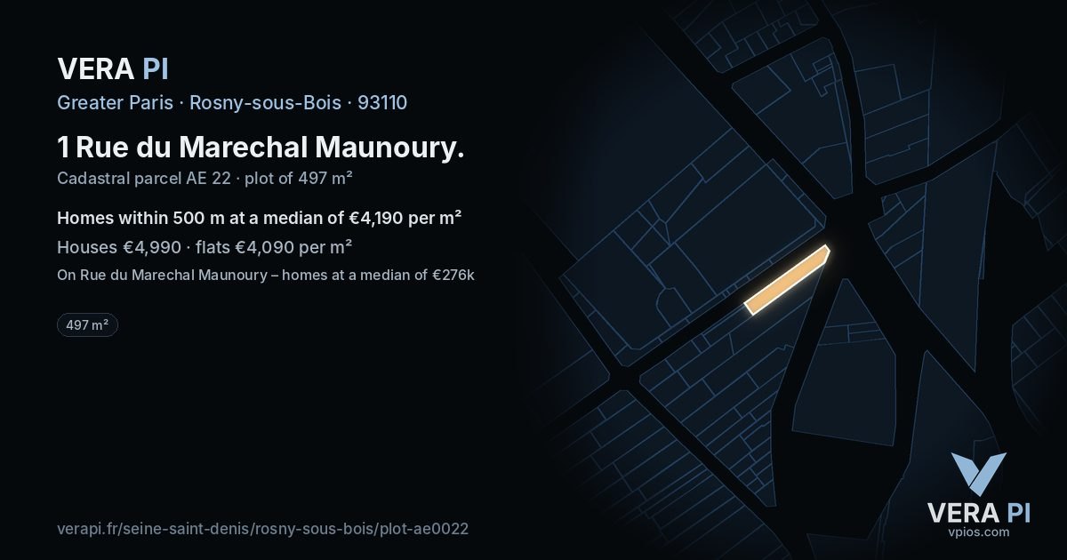 1 Rue du Marechal Maunoury, Rosny-sous-Bois at night – the plot lit, the parcels around coloured by the prices near them