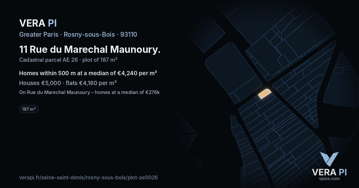 11 Rue du Marechal Maunoury, Rosny-sous-Bois at night – the plot lit, the parcels around coloured by the prices near them