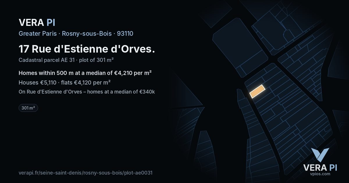 17 Rue d'Estienne d'Orves, Rosny-sous-Bois at night – the plot lit, the parcels around coloured by the prices near them