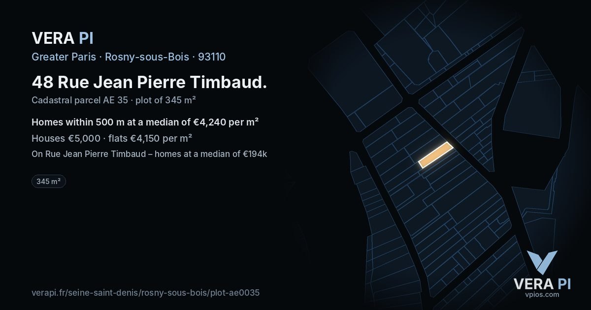 48 Rue Jean Pierre Timbaud, Rosny-sous-Bois at night – the plot lit, the parcels around coloured by the prices near them
