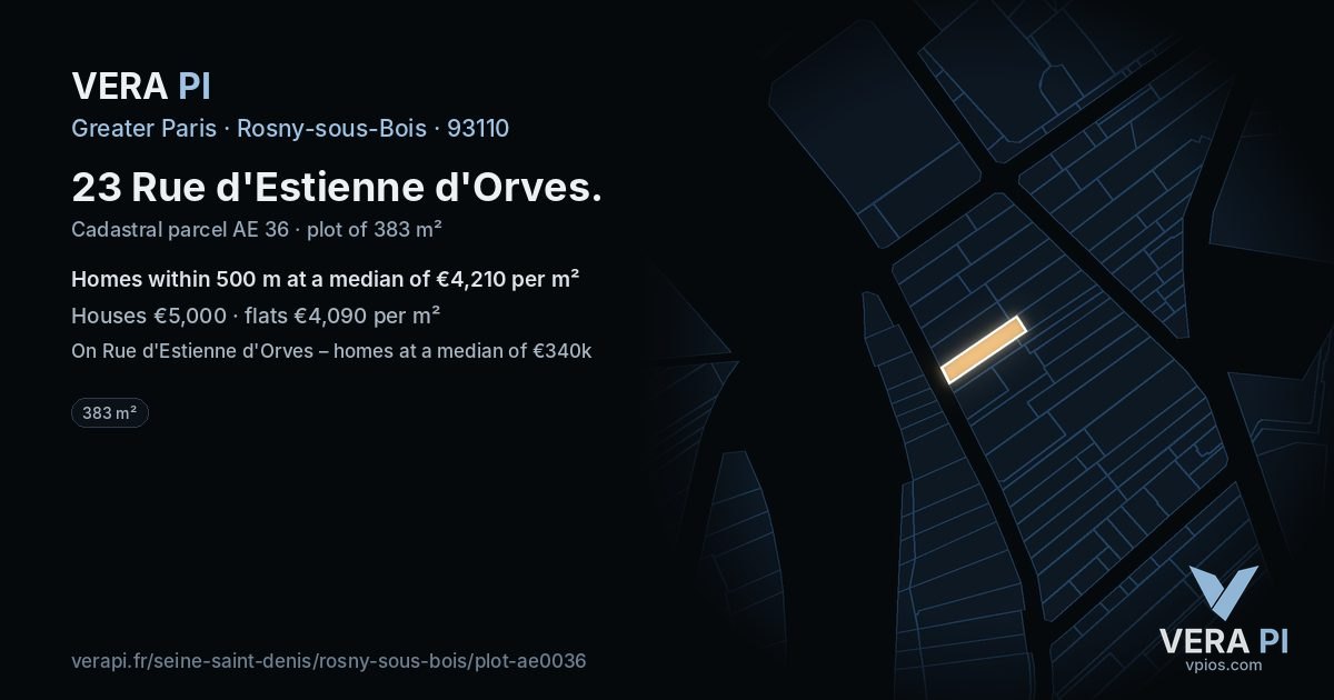 23 Rue d'Estienne d'Orves, Rosny-sous-Bois at night – the plot lit, the parcels around coloured by the prices near them
