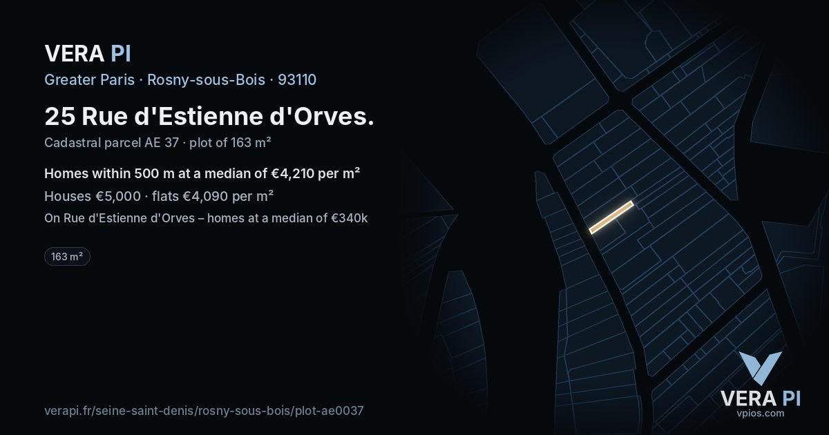 25 Rue d'Estienne d'Orves, Rosny-sous-Bois at night – the plot lit, the parcels around coloured by the prices near them