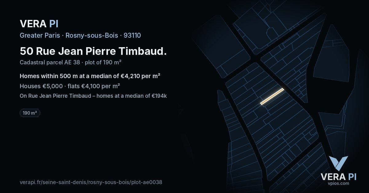 50 Rue Jean Pierre Timbaud, Rosny-sous-Bois at night – the plot lit, the parcels around coloured by the prices near them
