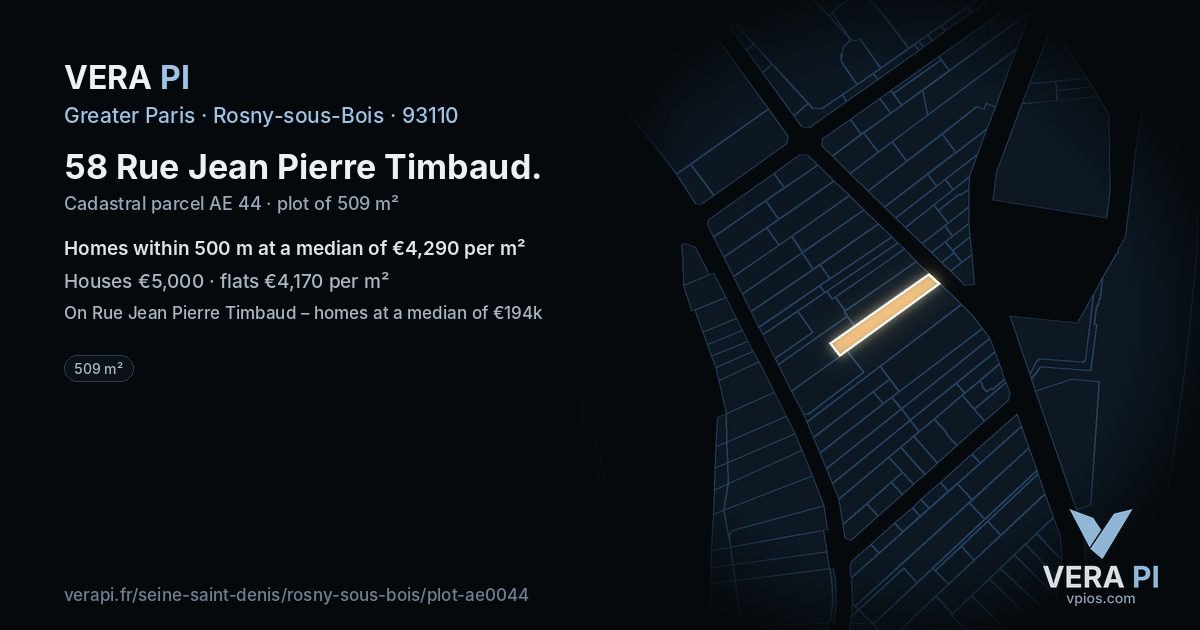 58 Rue Jean Pierre Timbaud, Rosny-sous-Bois at night – the plot lit, the parcels around coloured by the prices near them