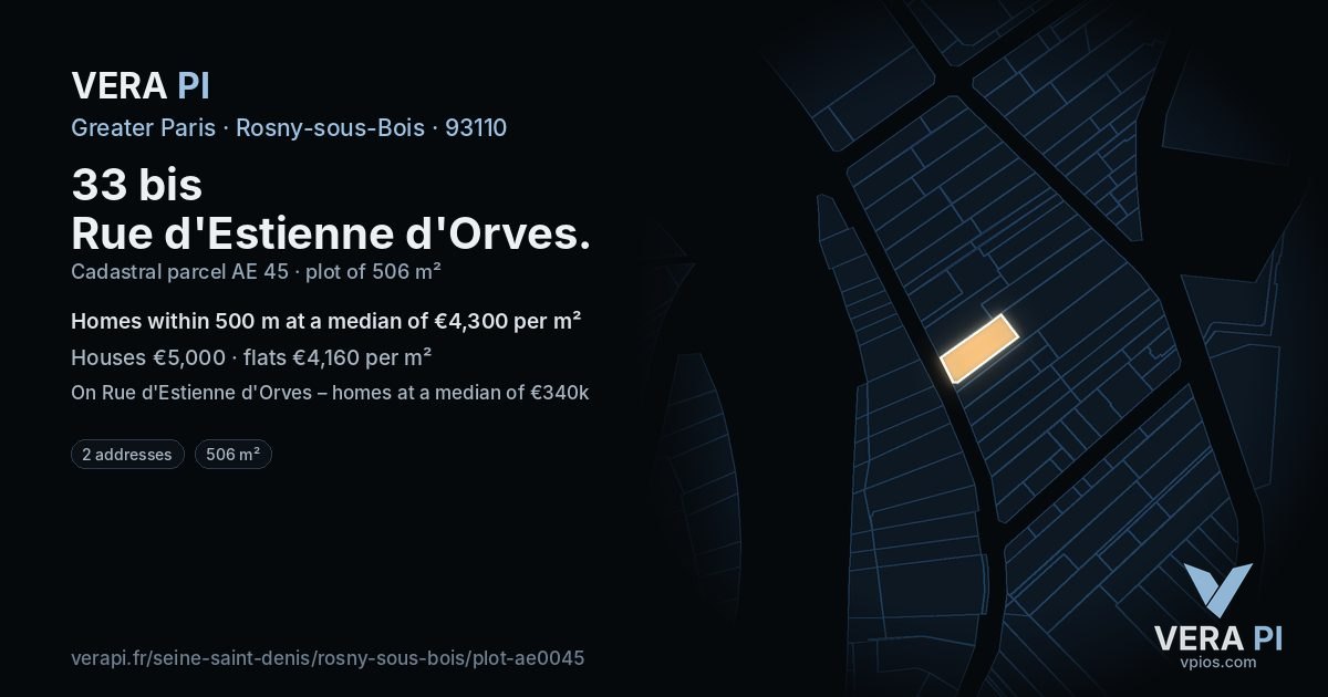 33 bis Rue d'Estienne d'Orves, Rosny-sous-Bois at night – the plot lit, the parcels around coloured by the prices near them