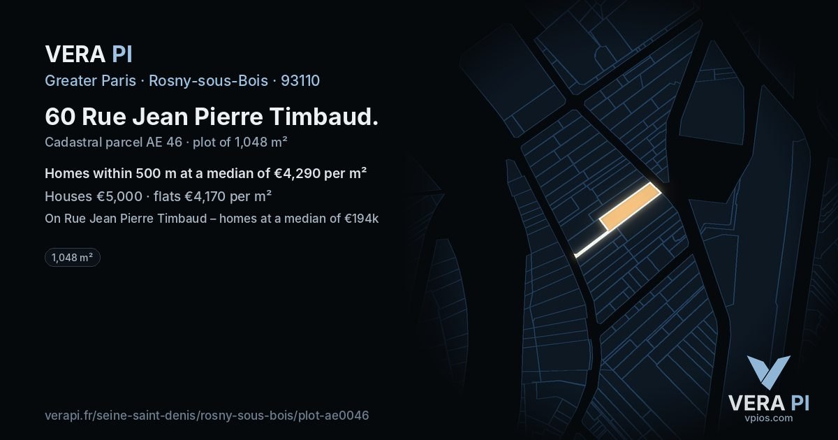 60 Rue Jean Pierre Timbaud, Rosny-sous-Bois at night – the plot lit, the parcels around coloured by the prices near them