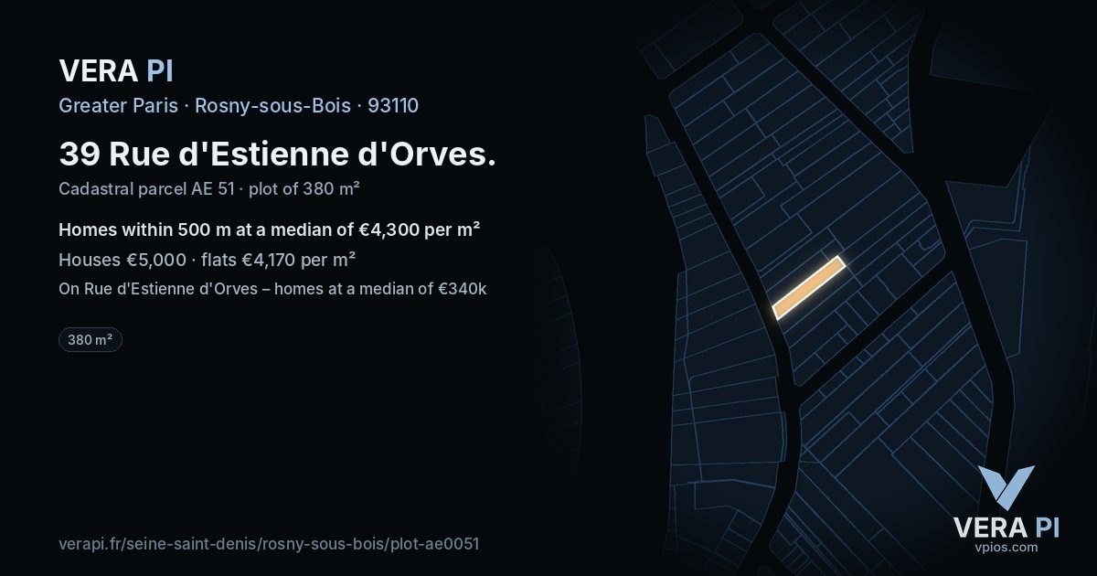 39 Rue d'Estienne d'Orves, Rosny-sous-Bois at night – the plot lit, the parcels around coloured by the prices near them