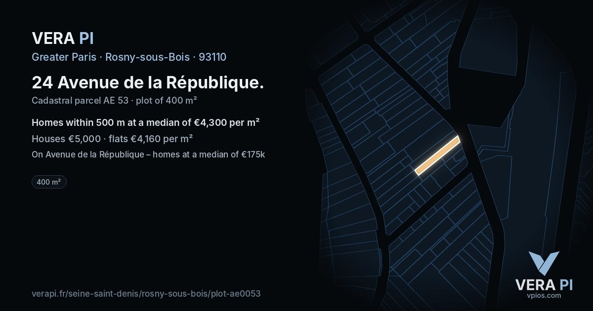 24 Avenue de la République, Rosny-sous-Bois at night – the plot lit, the parcels around coloured by the prices near them