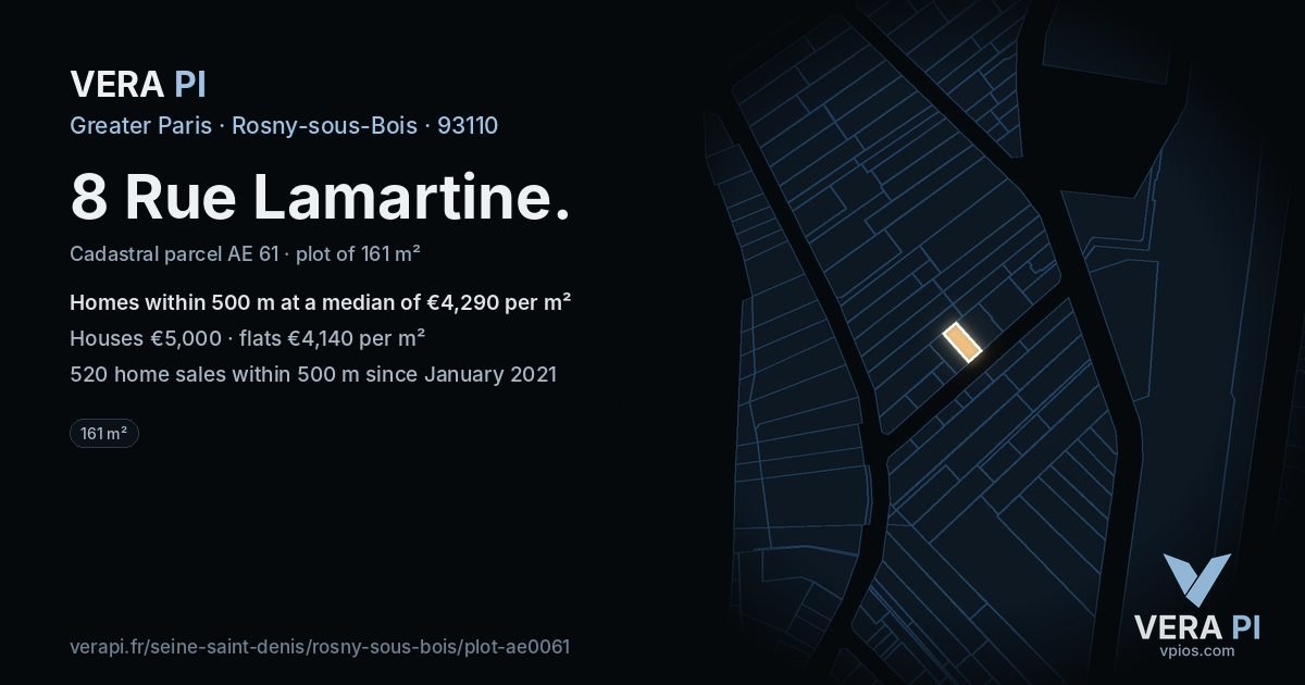 8 Rue Lamartine, Rosny-sous-Bois at night – the plot lit, the parcels around coloured by the prices near them