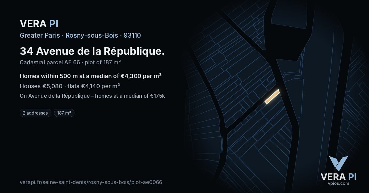 34 Avenue de la République, Rosny-sous-Bois at night – the plot lit, the parcels around coloured by the prices near them
