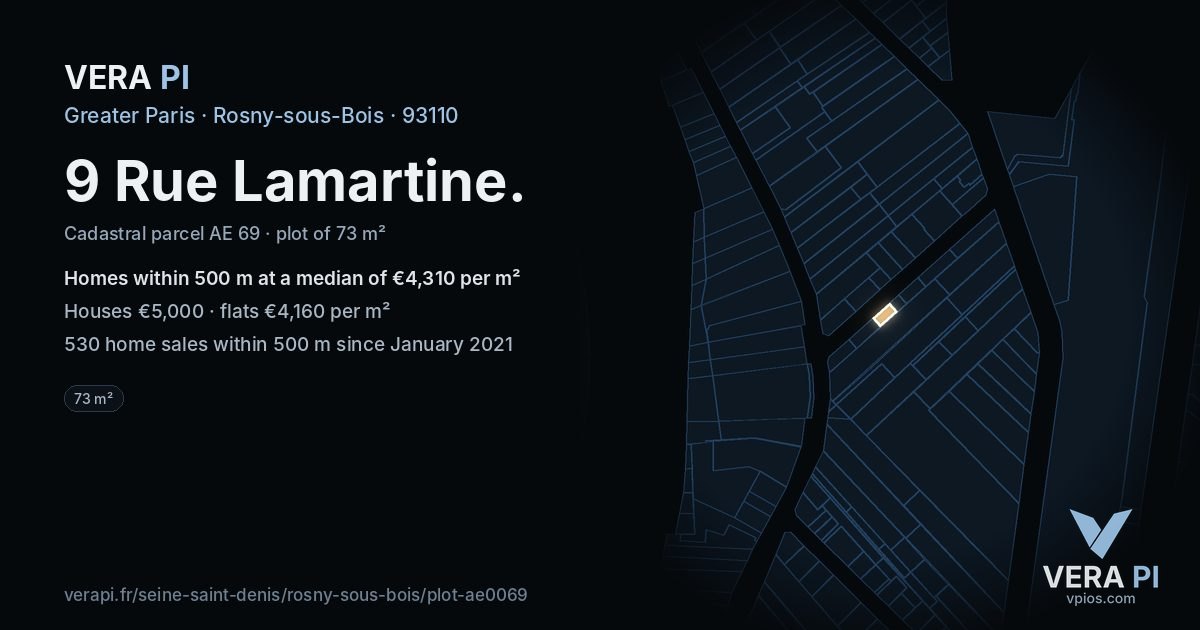 9 Rue Lamartine, Rosny-sous-Bois at night – the plot lit, the parcels around coloured by the prices near them