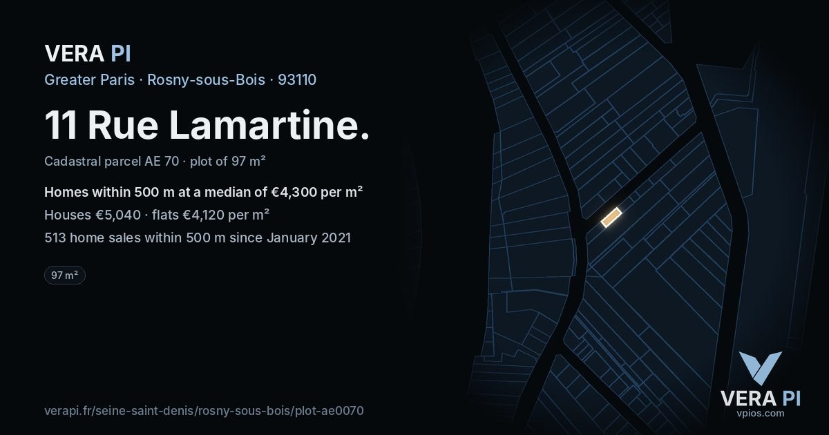 11 Rue Lamartine, Rosny-sous-Bois at night – the plot lit, the parcels around coloured by the prices near them