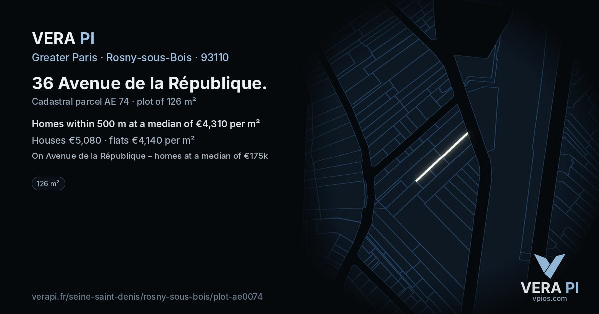 36 Avenue de la République, Rosny-sous-Bois at night – the plot lit, the parcels around coloured by the prices near them