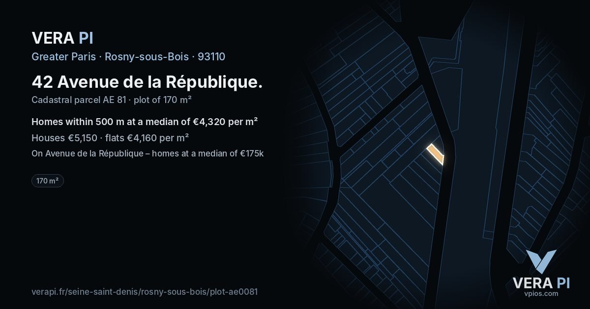 42 Avenue de la République, Rosny-sous-Bois at night – the plot lit, the parcels around coloured by the prices near them