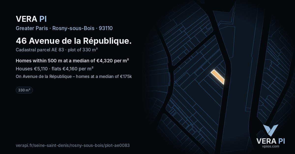 46 Avenue de la République, Rosny-sous-Bois at night – the plot lit, the parcels around coloured by the prices near them