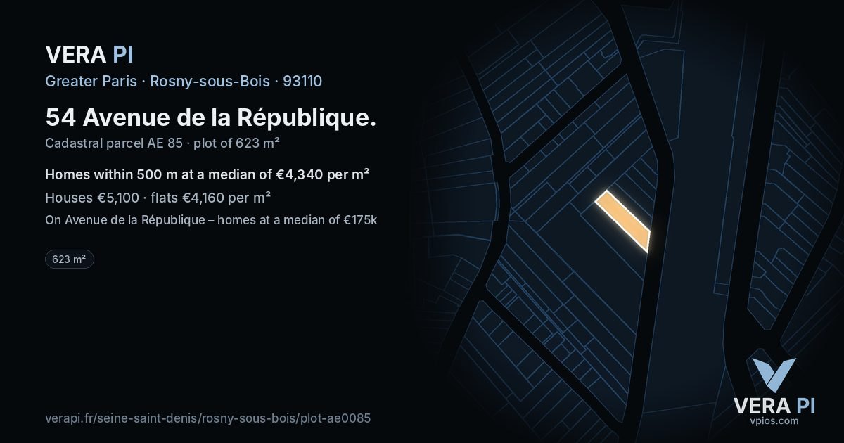 54 Avenue de la République, Rosny-sous-Bois at night – the plot lit, the parcels around coloured by the prices near them