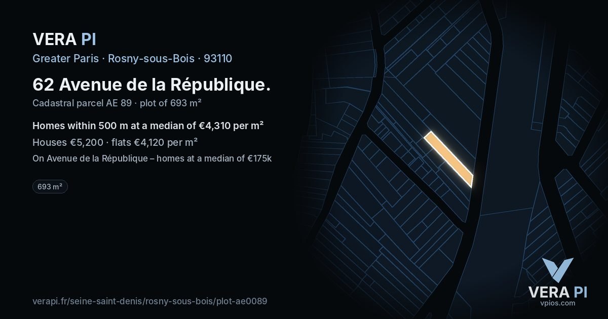 62 Avenue de la République, Rosny-sous-Bois at night – the plot lit, the parcels around coloured by the prices near them