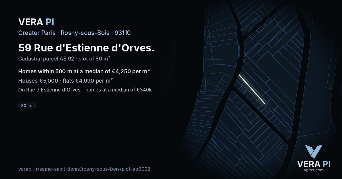 59 Rue d'Estienne d'Orves, Rosny-sous-Bois at night – the plot lit, the parcels around coloured by the prices near them