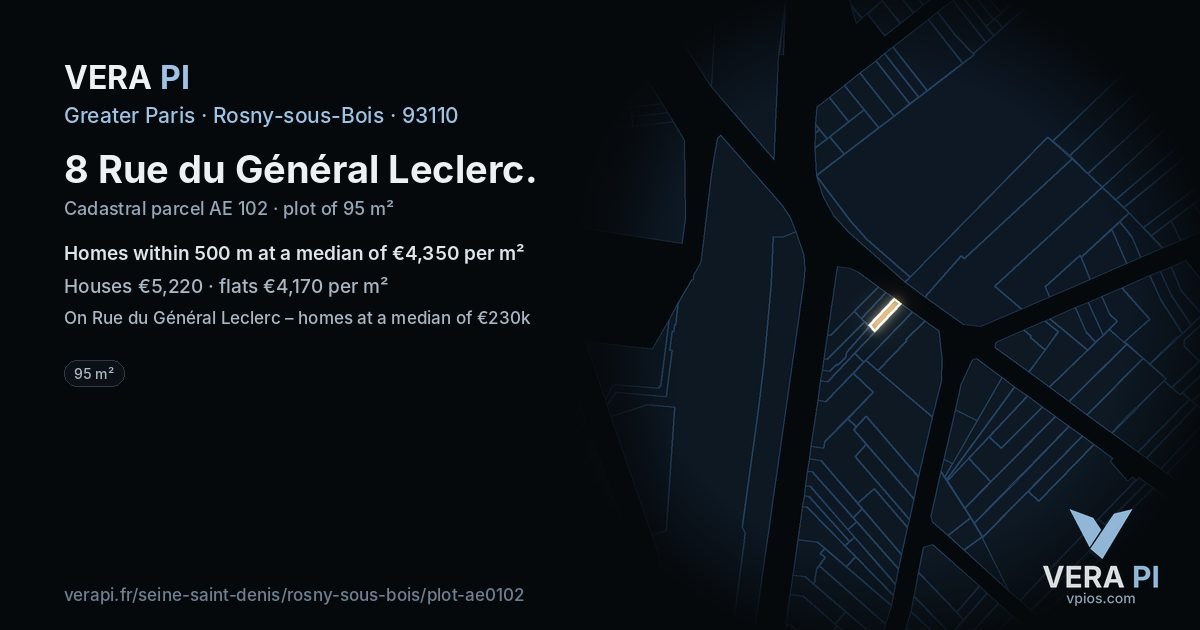 8 Rue du Général Leclerc, Rosny-sous-Bois at night – the plot lit, the parcels around coloured by the prices near them