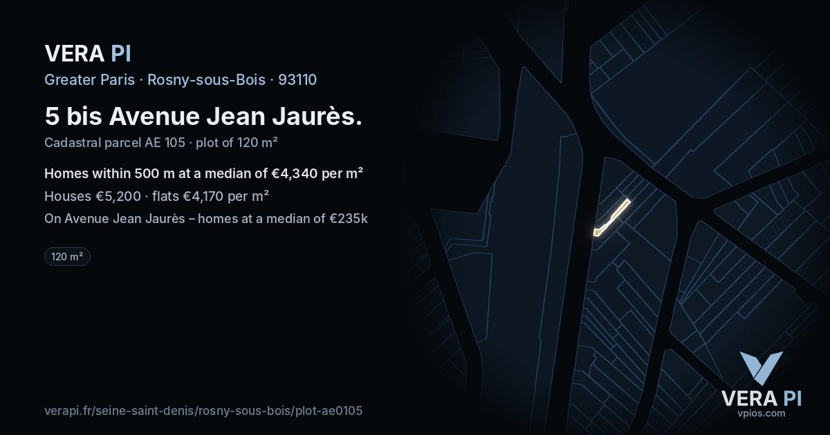 5 bis Avenue Jean Jaurès, Rosny-sous-Bois at night – the plot lit, the parcels around coloured by the prices near them