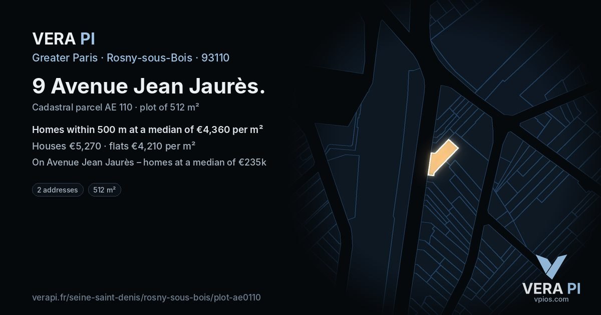 9 Avenue Jean Jaurès, Rosny-sous-Bois at night – the plot lit, the parcels around coloured by the prices near them