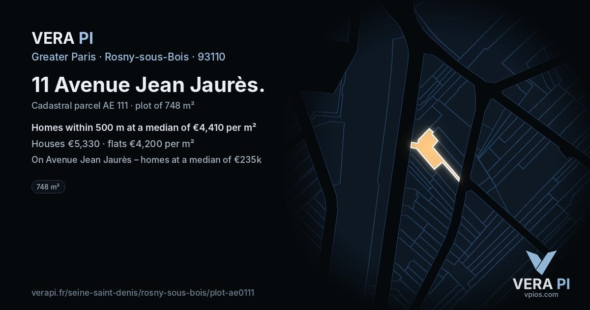 11 Avenue Jean Jaurès, Rosny-sous-Bois at night – the plot lit, the parcels around coloured by the prices near them