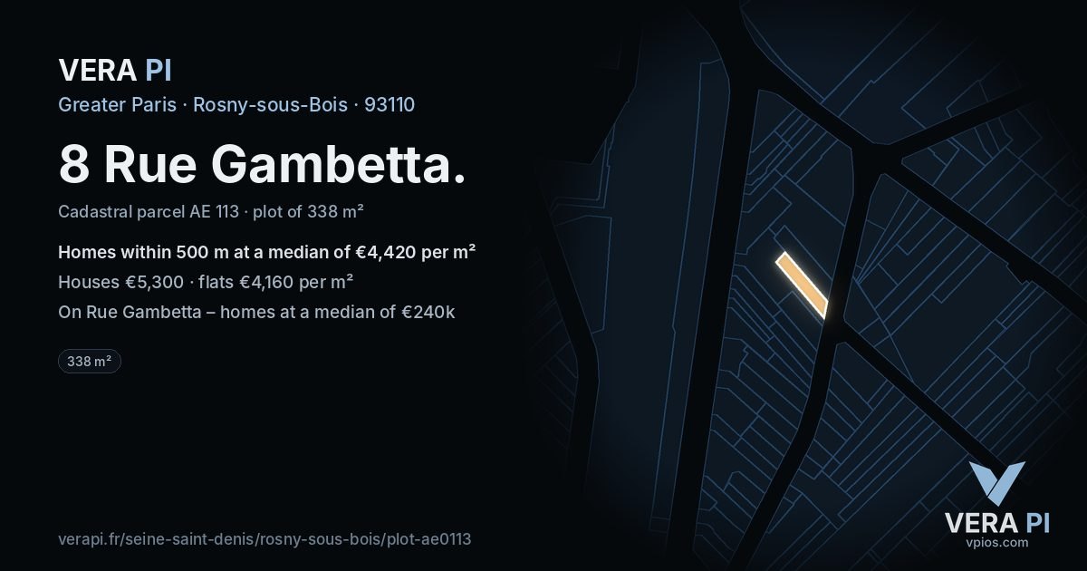 8 Rue Gambetta, Rosny-sous-Bois at night – the plot lit, the parcels around coloured by the prices near them