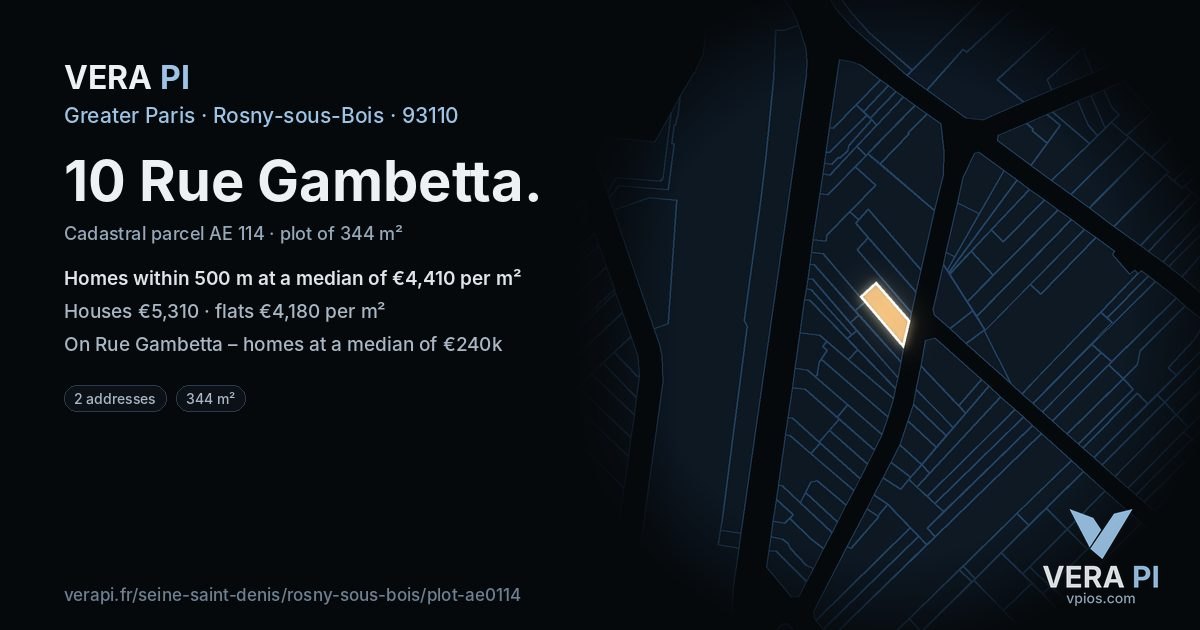 10 Rue Gambetta, Rosny-sous-Bois at night – the plot lit, the parcels around coloured by the prices near them