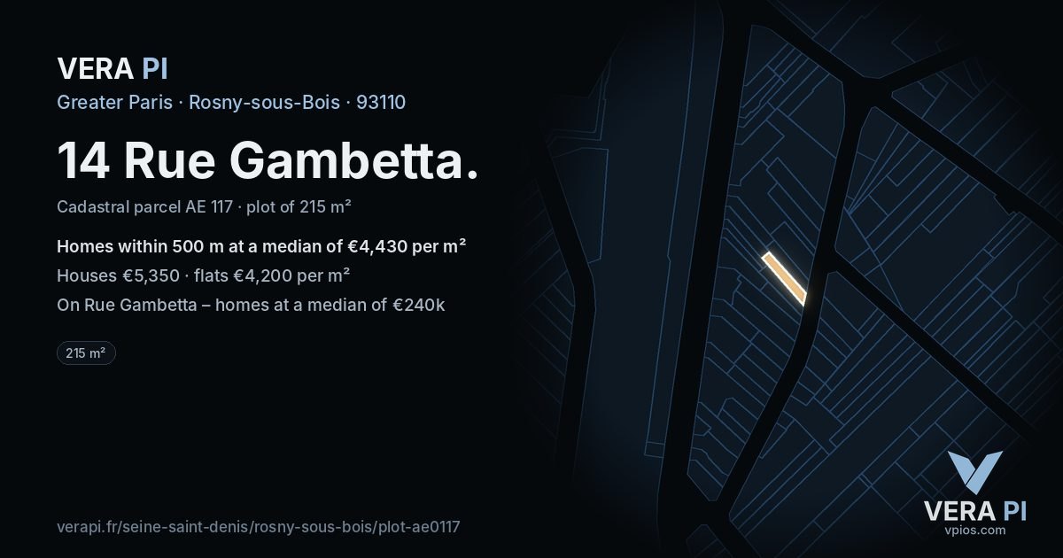 14 Rue Gambetta, Rosny-sous-Bois at night – the plot lit, the parcels around coloured by the prices near them