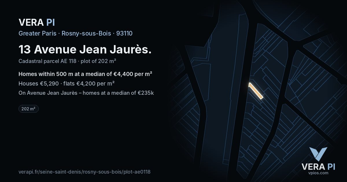 13 Avenue Jean Jaurès, Rosny-sous-Bois at night – the plot lit, the parcels around coloured by the prices near them