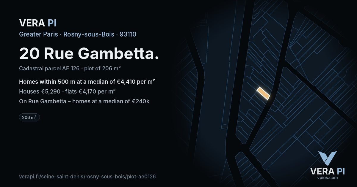 20 Rue Gambetta, Rosny-sous-Bois at night – the plot lit, the parcels around coloured by the prices near them