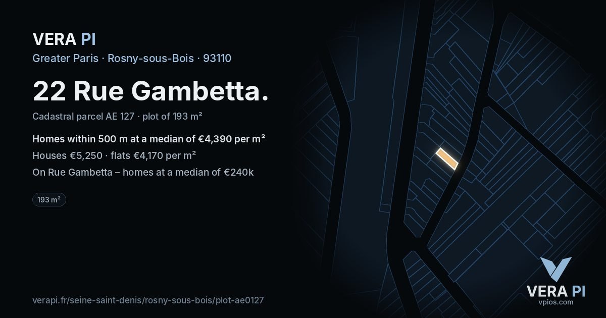 22 Rue Gambetta, Rosny-sous-Bois at night – the plot lit, the parcels around coloured by the prices near them