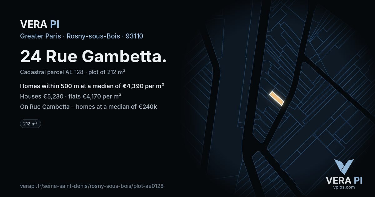 24 Rue Gambetta, Rosny-sous-Bois at night – the plot lit, the parcels around coloured by the prices near them