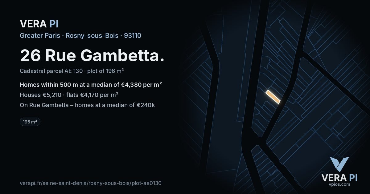 26 Rue Gambetta, Rosny-sous-Bois at night – the plot lit, the parcels around coloured by the prices near them