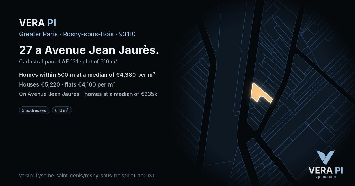 27 a Avenue Jean Jaurès, Rosny-sous-Bois at night – the plot lit, the parcels around coloured by the prices near them