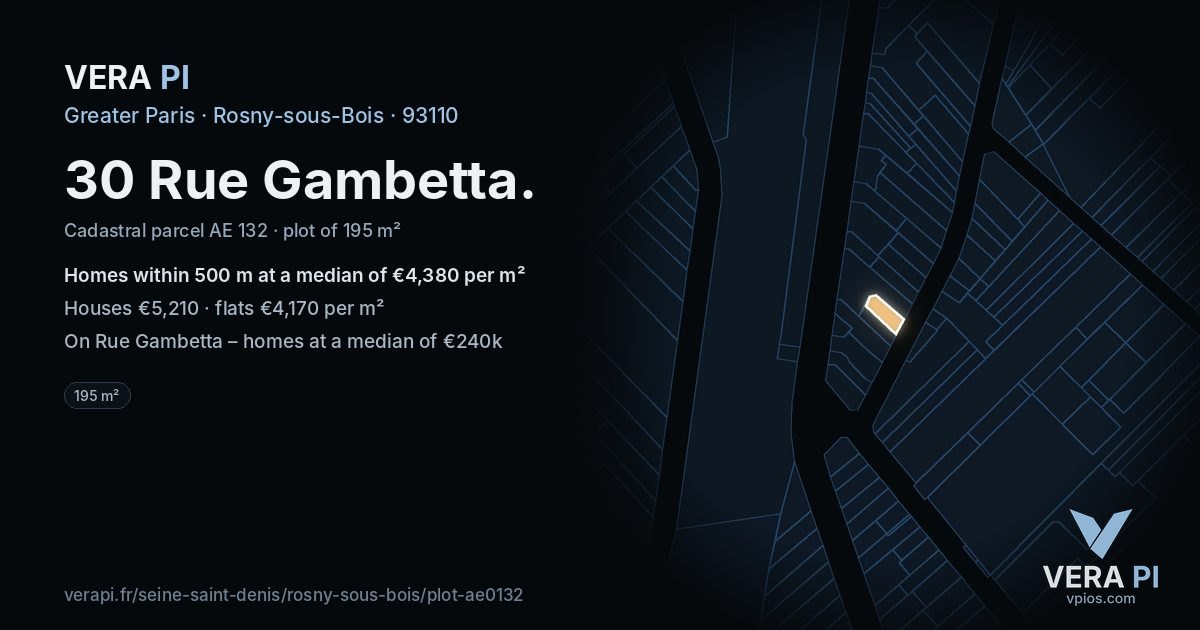 30 Rue Gambetta, Rosny-sous-Bois at night – the plot lit, the parcels around coloured by the prices near them