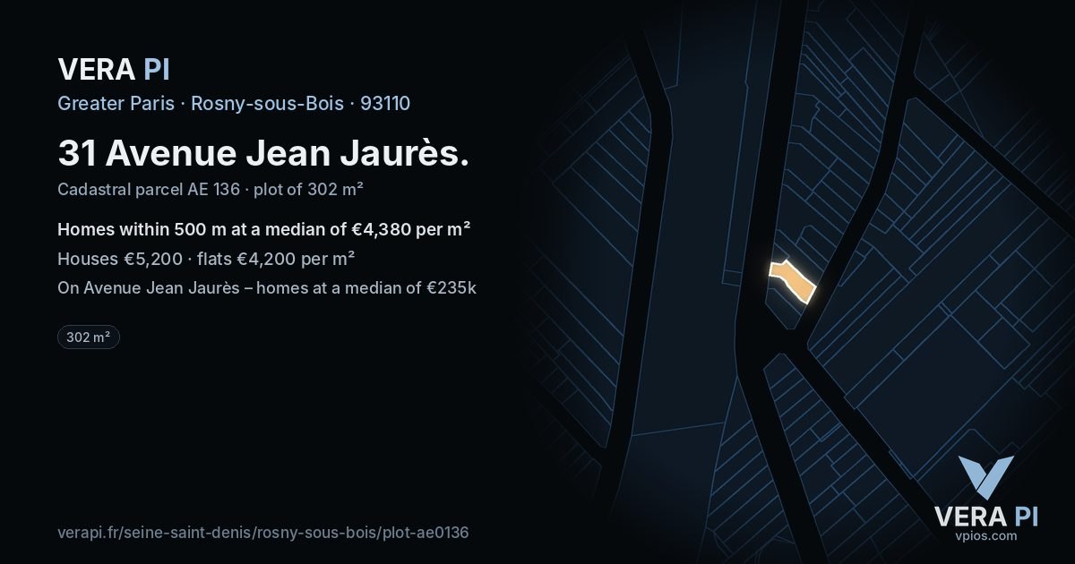31 Avenue Jean Jaurès, Rosny-sous-Bois at night – the plot lit, the parcels around coloured by the prices near them